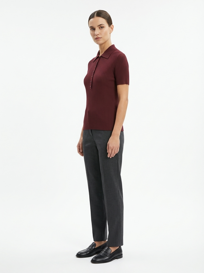LadyLuxury | Slim Fit Ribbed Knit Polo Shirt - Classic Preppy Short Sleeve Top