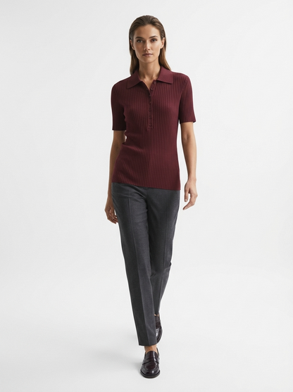 LadyLuxury | Slim Fit Ribbed Knit Polo Shirt - Classic Preppy Short Sleeve Top