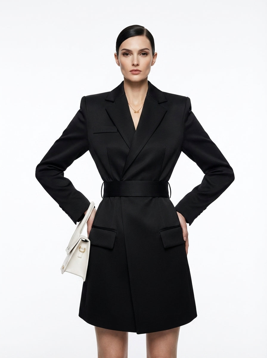 LadyLuxury | Lureve Structured Blazer Dress - Tailored Slim Waist Power Suit Dress in Black