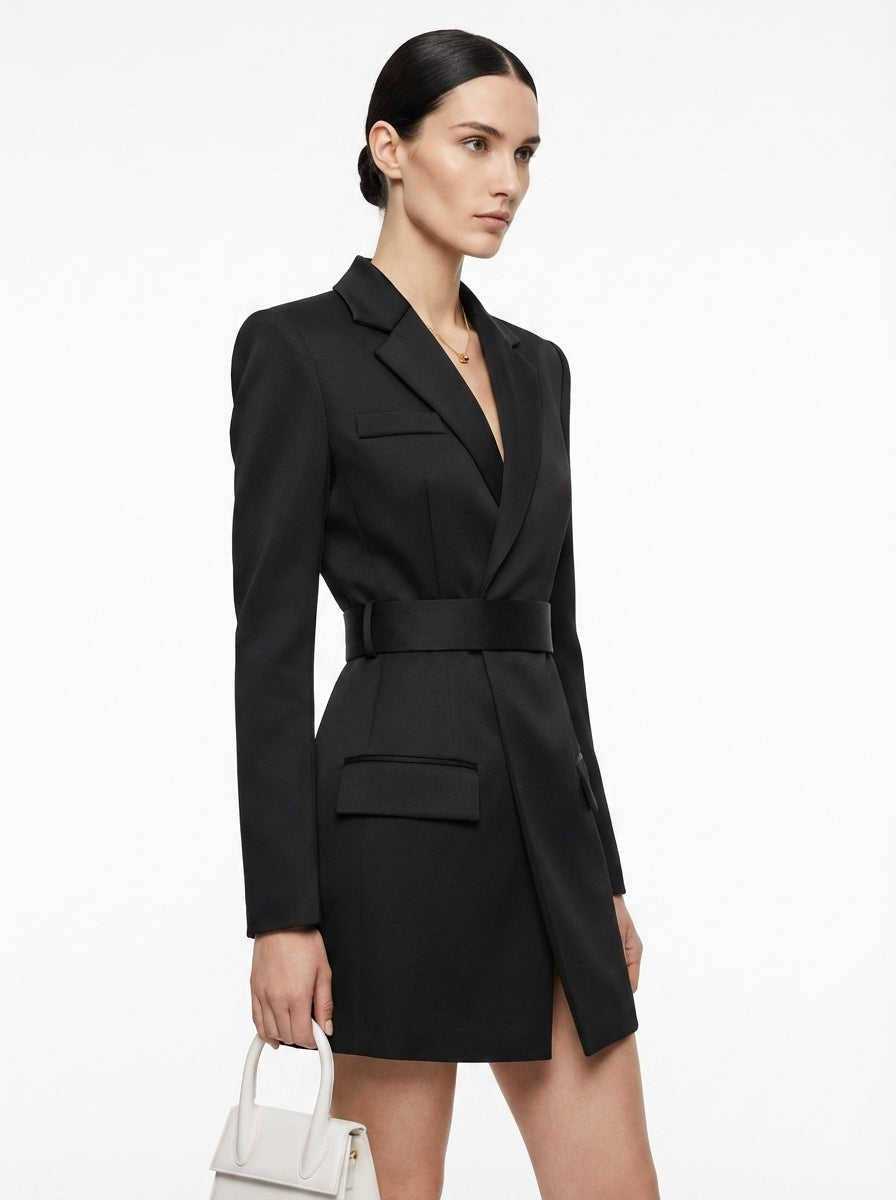 LadyLuxury | Lureve Structured Blazer Dress - Tailored Slim Waist Power Suit Dress in Black