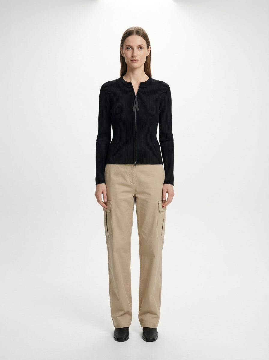 LadyLuxury | Ribbed Knit Zip-Up Cardigan - Balletcore Noir Cropped Sweater