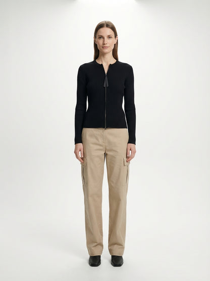 LadyLuxury | Ribbed Knit Zip-Up Cardigan - Balletcore Noir Cropped Sweater