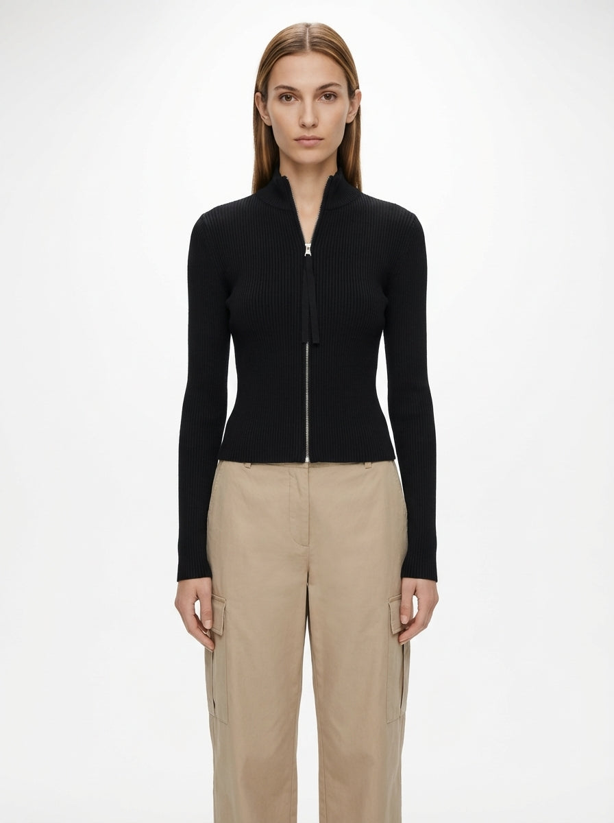 LadyLuxury | Ribbed Knit Zip-Up Cardigan - Balletcore Noir Cropped Sweater