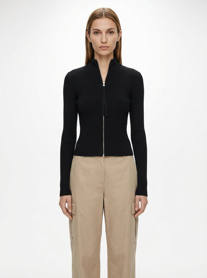 LadyLuxury | Ribbed Knit Zip-Up Cardigan - Balletcore Noir Cropped Sweater