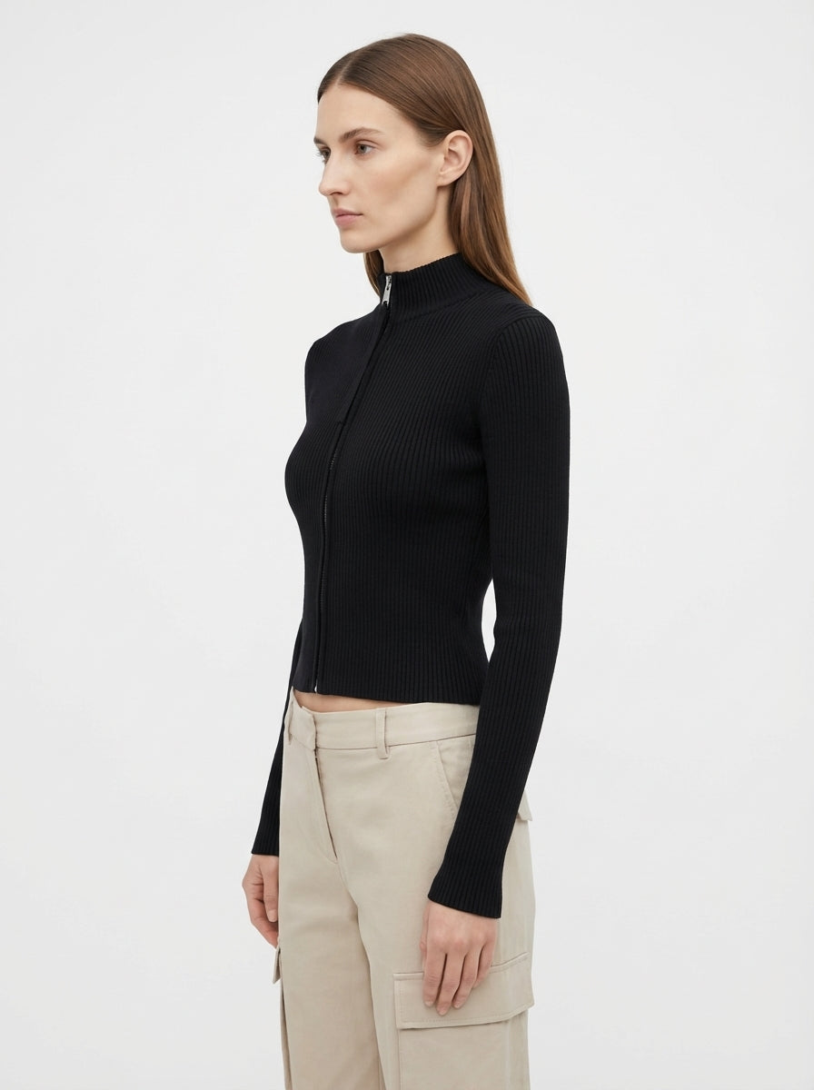 LadyLuxury | Ribbed Knit Zip-Up Cardigan - Balletcore Noir Cropped Sweater