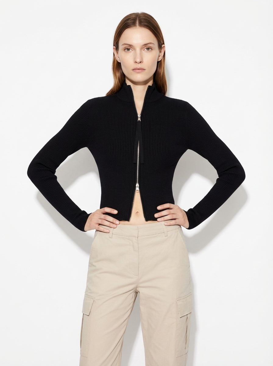 LadyLuxury | Ribbed Knit Zip-Up Cardigan - Balletcore Noir Cropped Sweater