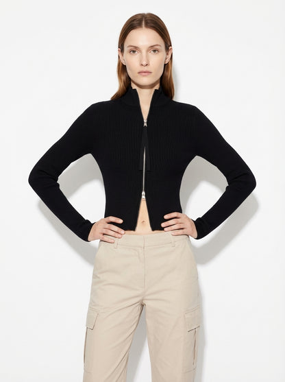 LadyLuxury | Ribbed Knit Zip-Up Cardigan - Balletcore Noir Cropped Sweater