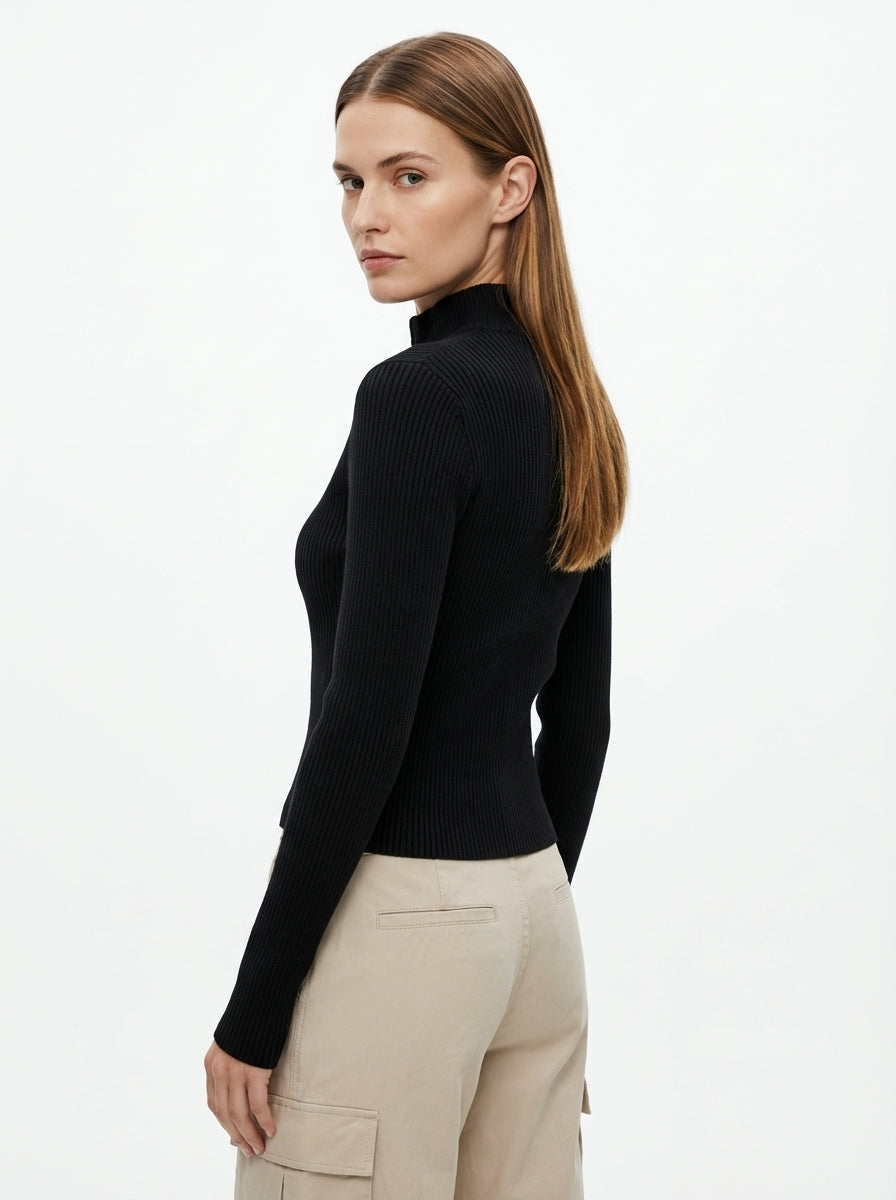 LadyLuxury | Ribbed Knit Zip-Up Cardigan - Balletcore Noir Cropped Sweater