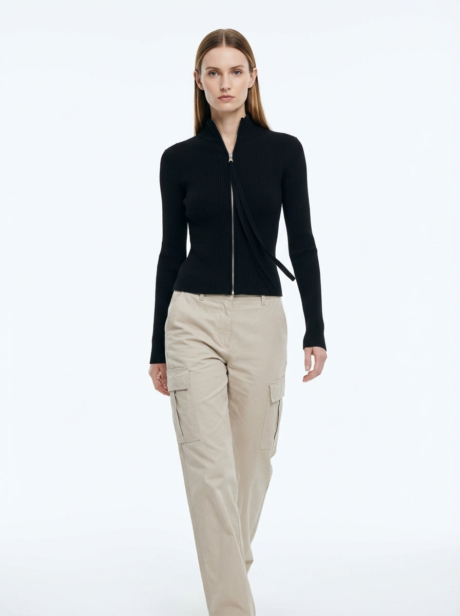 LadyLuxury | Ribbed Knit Zip-Up Cardigan - Balletcore Noir Cropped Sweater