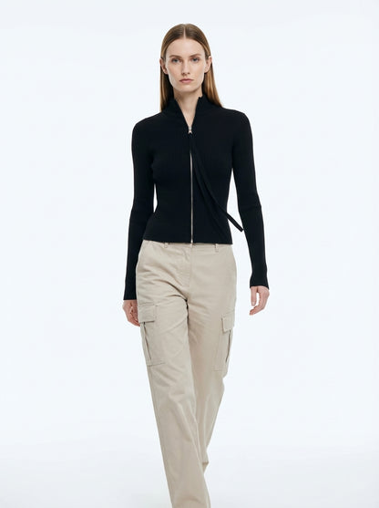 LadyLuxury | Ribbed Knit Zip-Up Cardigan - Balletcore Noir Cropped Sweater