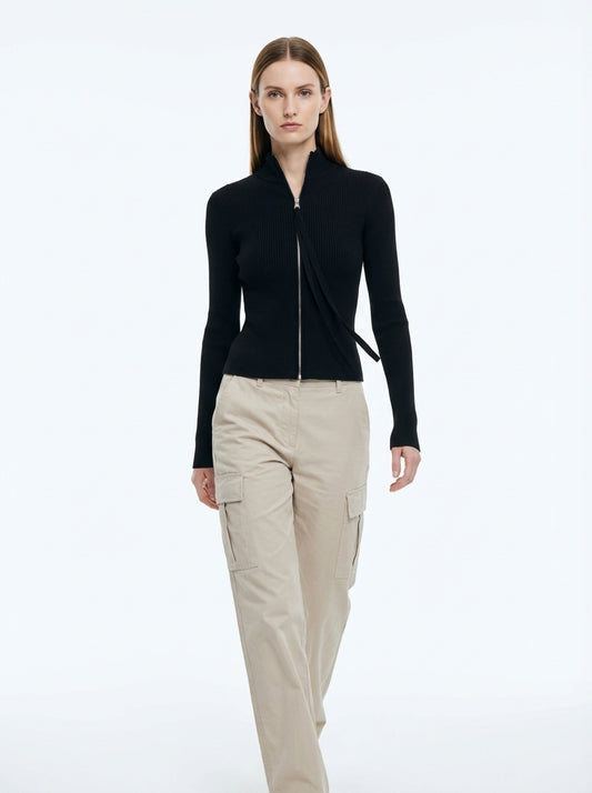 LadyLuxury | Ribbed Knit Zip-Up Cardigan - Balletcore Noir Cropped Sweater