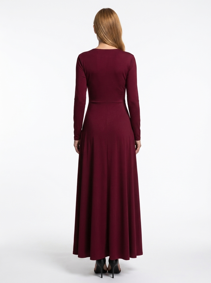 LadyLuxury | Elegant Wine Red A-Line Maxi Dress with Twisted Waist Detail
