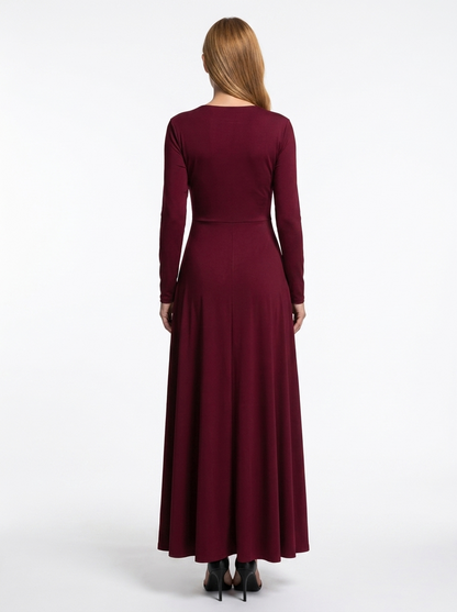 LadyLuxury | Elegant Wine Red A-Line Maxi Dress with Twisted Waist Detail