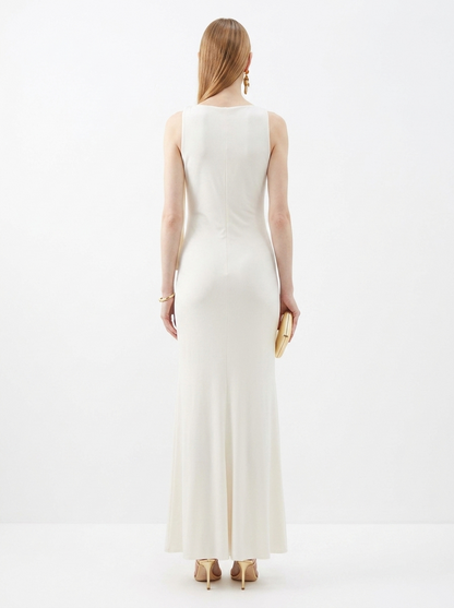 LadyLuxury | Sleek Draped Column Maxi Dress - Minimalist High Neck Evening Gown