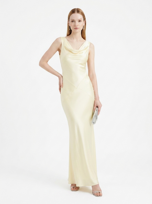 LadyLuxury | Sleeveless Satin Cowl Neck Maxi Dress - Elegant Floor-Length Evening Gown