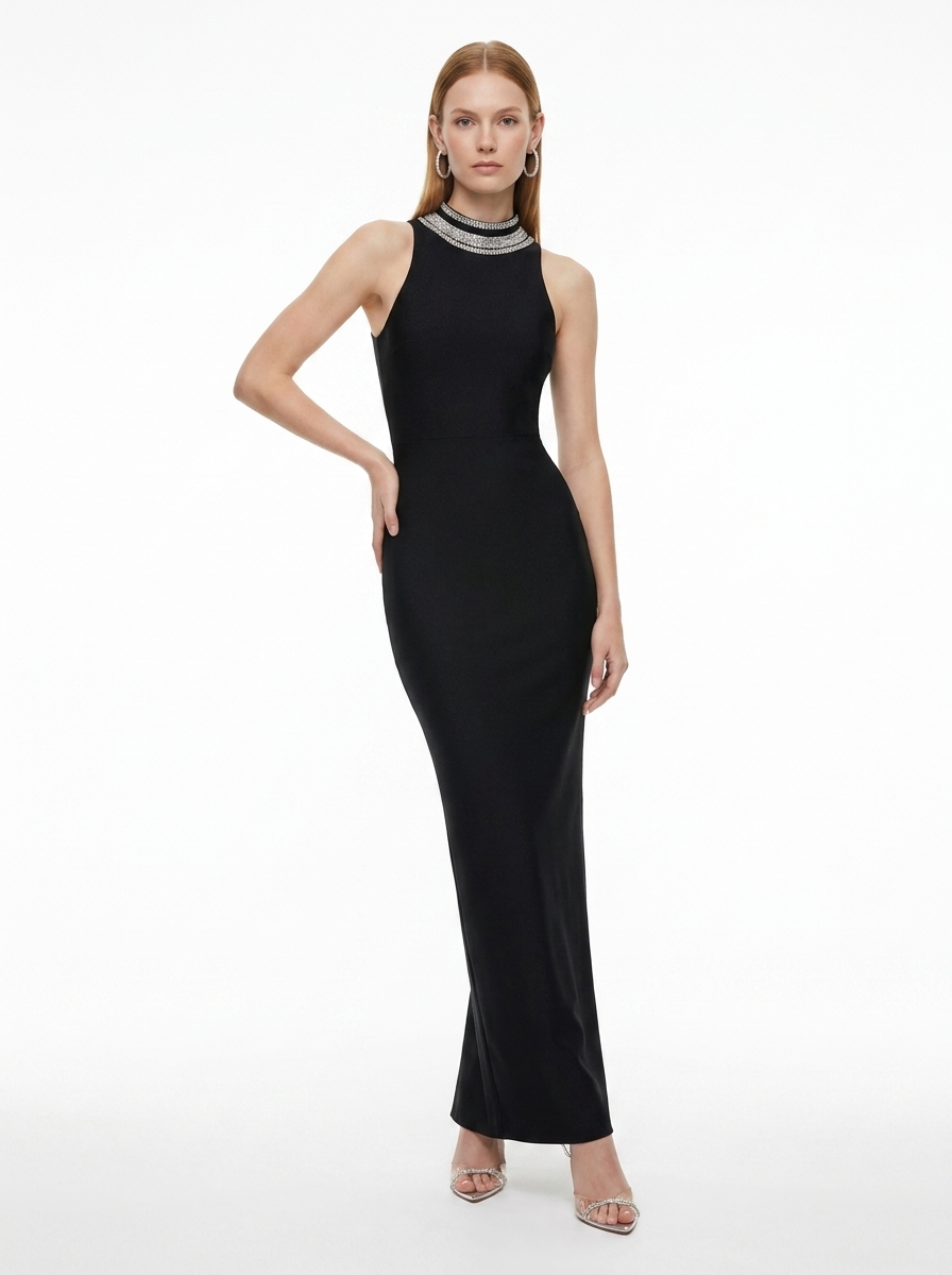 LadyLuxury | Spliced Bead Stand Neck Maxi Dress - Sleek Backless Evening Gown