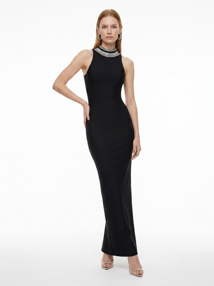 LadyLuxury | Spliced Bead Stand Neck Maxi Dress - Sleek Backless Evening Gown