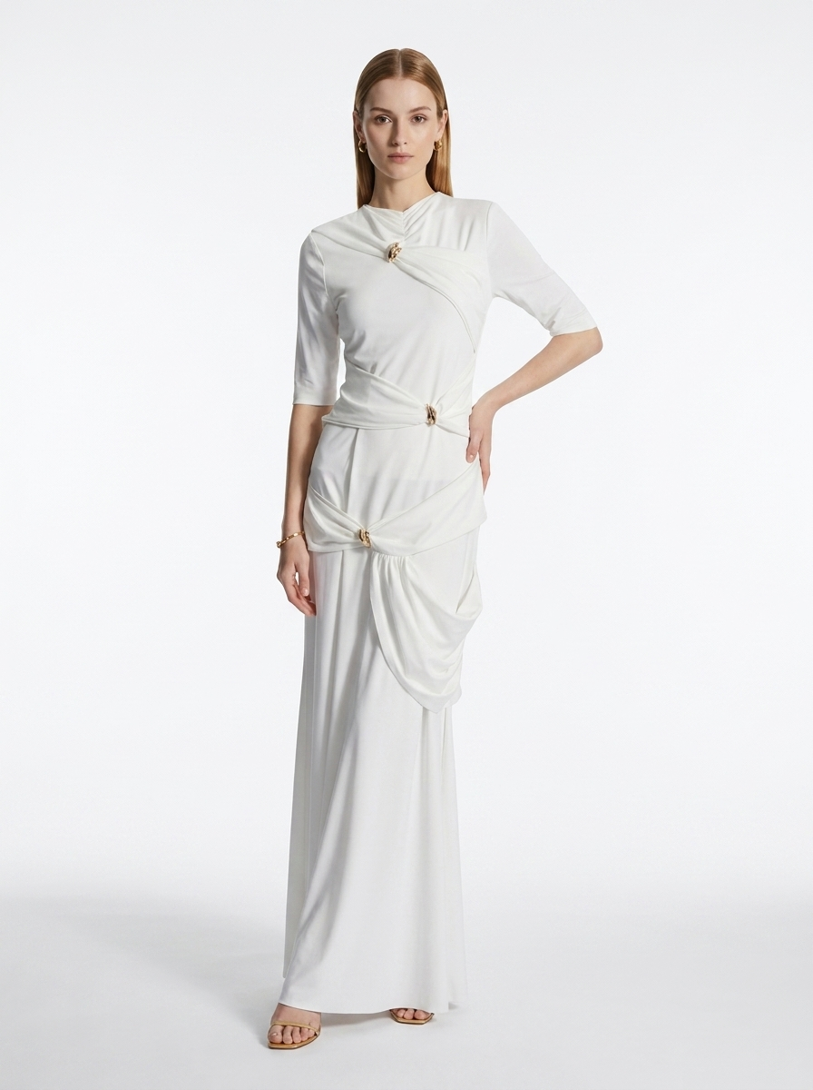 LadyLuxury | Draped Surrealist Maxi Dress with Gold Hardware - Elegant Long Sleeve Gown