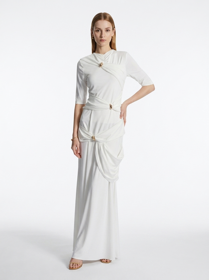 LadyLuxury | Draped Surrealist Maxi Dress with Gold Hardware - Elegant Long Sleeve Gown