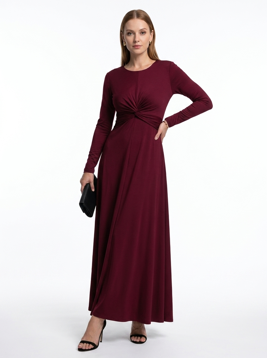 LadyLuxury | Elegant Wine Red A-Line Maxi Dress with Twisted Waist Detail