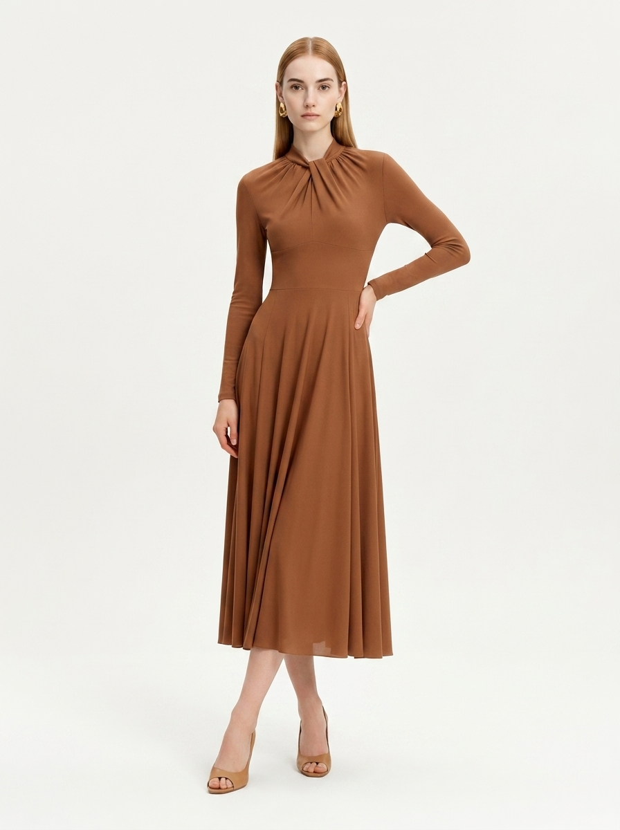LadyLuxury | Draped Shirring Maxi Dress - Elegant Long Sleeve High Waist Minimalist Gown