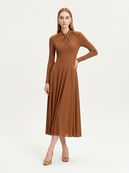 LadyLuxury | Draped Shirring Maxi Dress - Elegant Long Sleeve High Waist Minimalist Gown