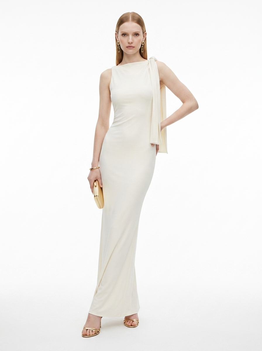 LadyLuxury | Sleek Draped Column Maxi Dress - Minimalist High Neck Evening Gown