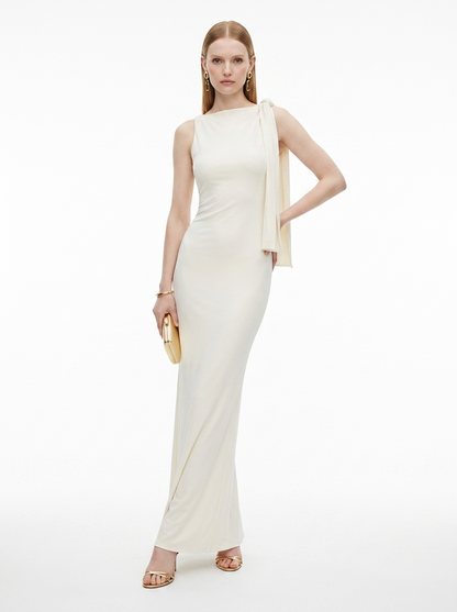 LadyLuxury | Sleek Draped Column Maxi Dress - Minimalist High Neck Evening Gown