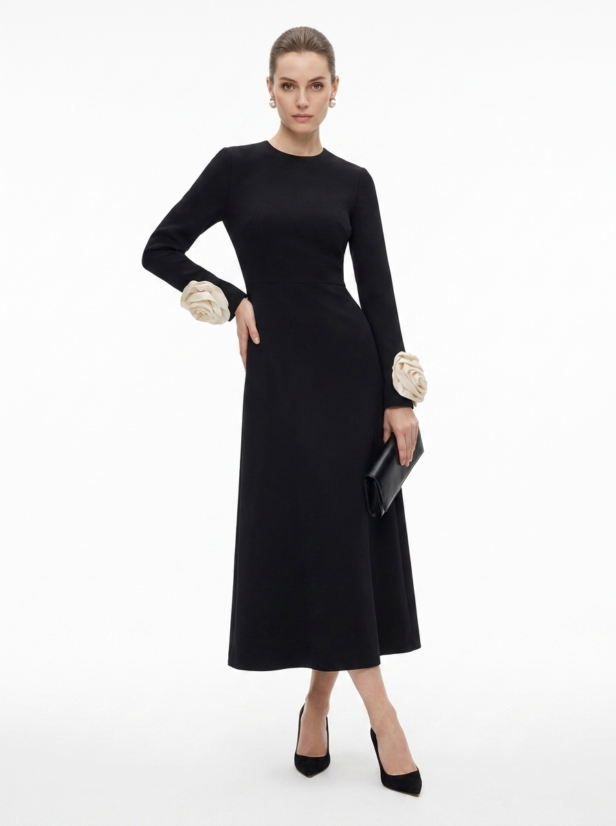 LadyLuxury | Petal Sleeve Rosette Maxi Dress - Surrealist Sophistication Evening Gown