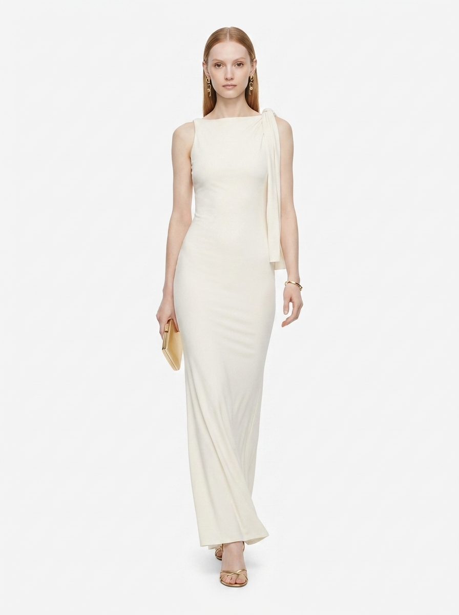 LadyLuxury | Sleek Draped Column Maxi Dress - Minimalist High Neck Evening Gown