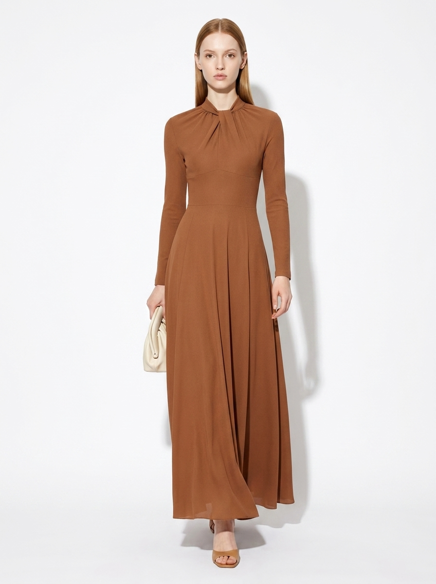 LadyLuxury | Draped Shirring Maxi Dress - Elegant Long Sleeve High Waist Minimalist Gown