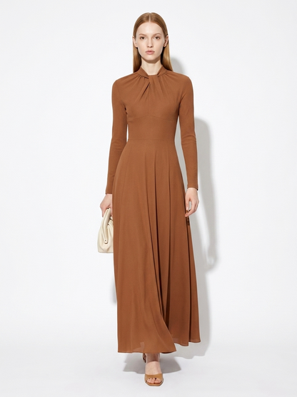 LadyLuxury | Draped Shirring Maxi Dress - Elegant Long Sleeve High Waist Minimalist Gown