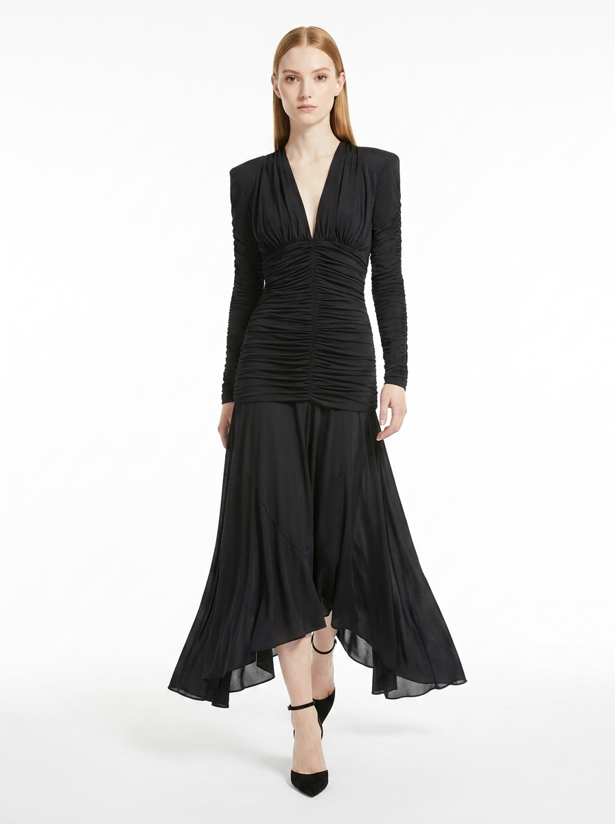 LadyLuxury | V-Neck Ruched Maxi Dress - Parisian Night Glamour Evening Gown