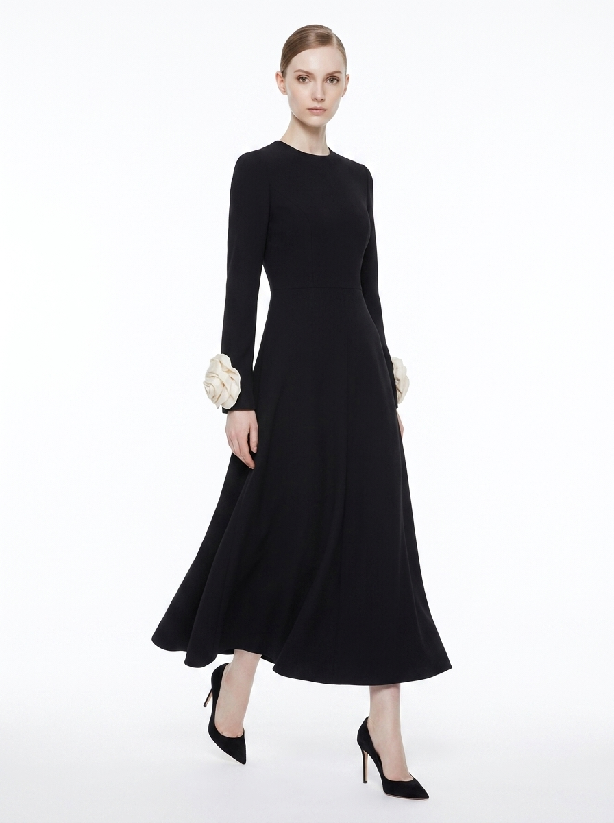 LadyLuxury | Petal Sleeve Rosette Maxi Dress - Surrealist Sophistication Evening Gown