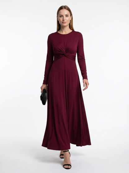 LadyLuxury | Elegant Wine Red A-Line Maxi Dress with Twisted Waist Detail
