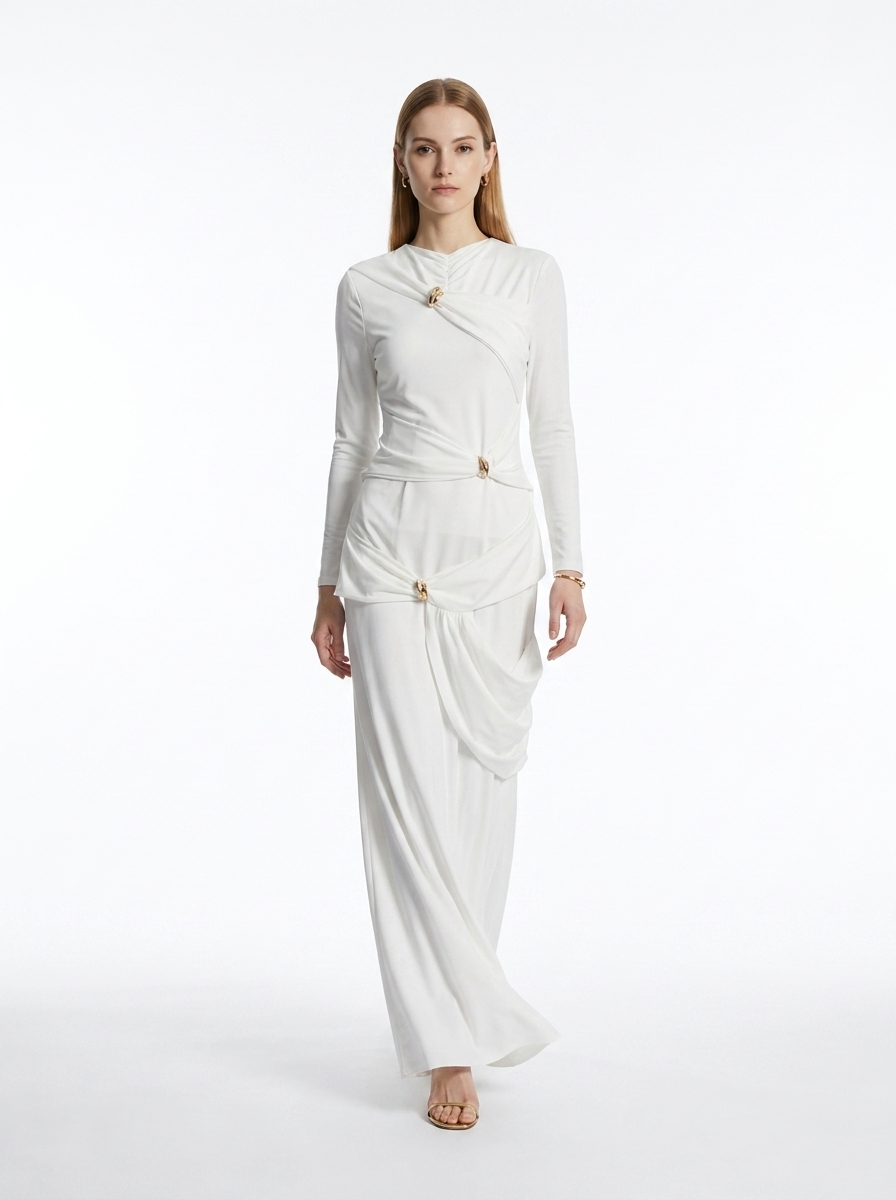 LadyLuxury | Draped Surrealist Maxi Dress with Gold Hardware - Elegant Long Sleeve Gown