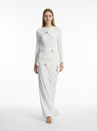 LadyLuxury | Draped Surrealist Maxi Dress with Gold Hardware - Elegant Long Sleeve Gown