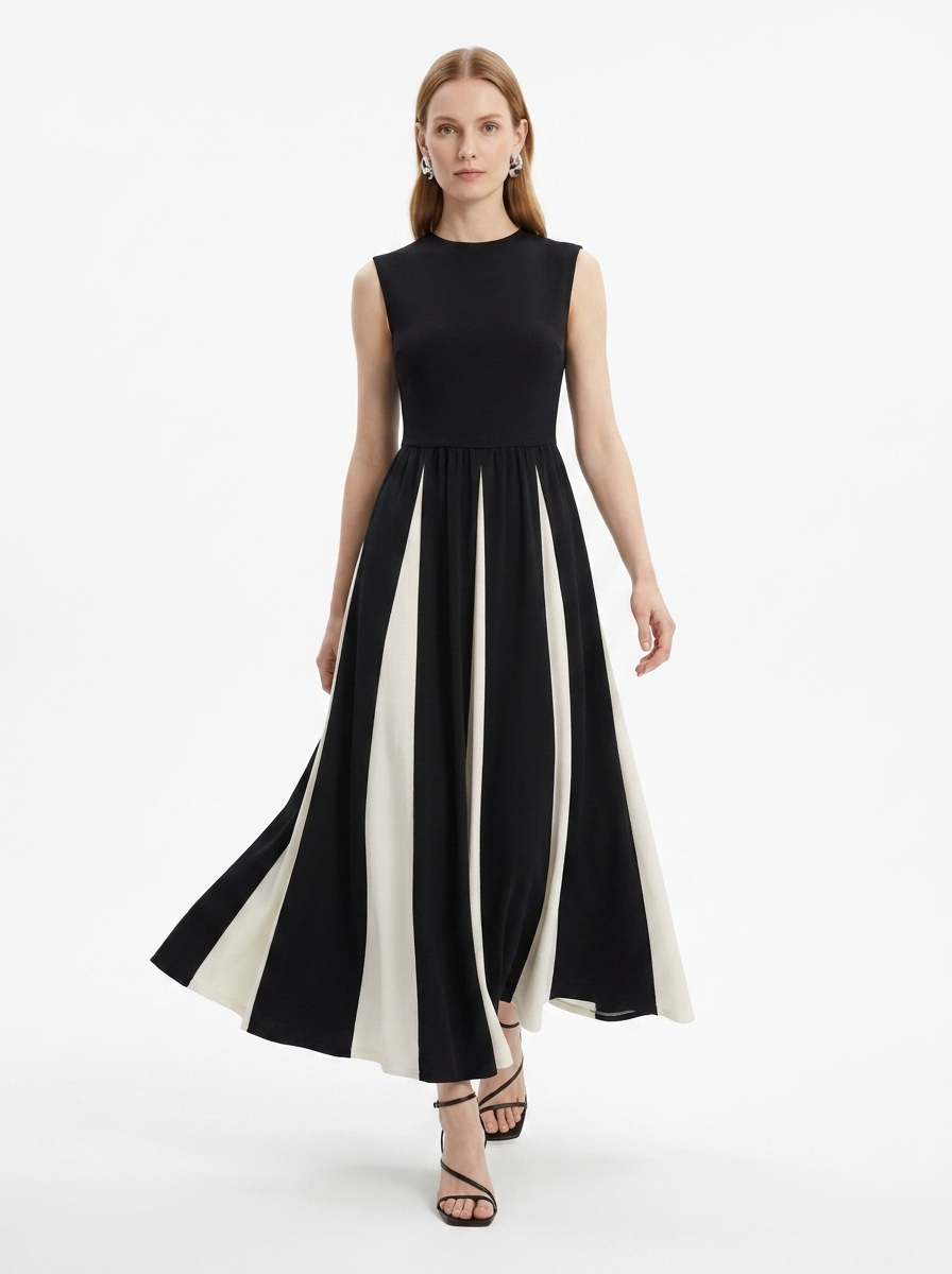 LadyLuxury | Architectural Monochrome Maxi Dress - Elegant Spliced Hem Evening Gown