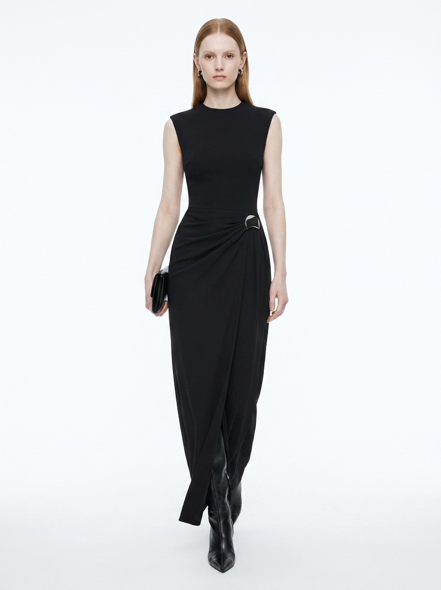 LadyLuxury | Architectural Minimalist Sleeveless Maxi Dress with Metallic Detail