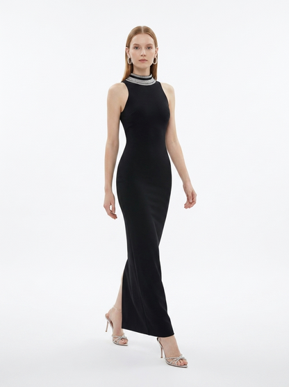 LadyLuxury | Spliced Bead Stand Neck Maxi Dress - Sleek Backless Evening Gown