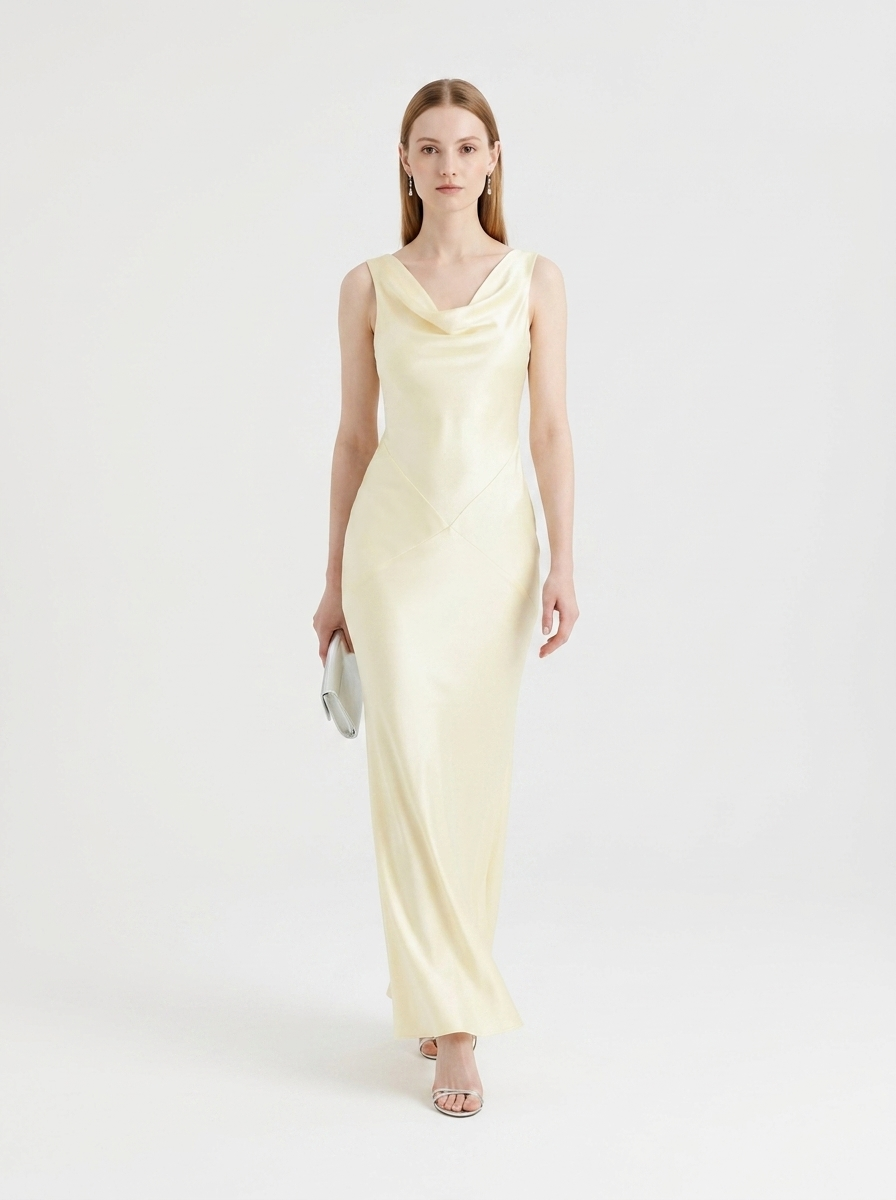 LadyLuxury | Sleeveless Satin Cowl Neck Maxi Dress - Elegant Floor-Length Evening Gown