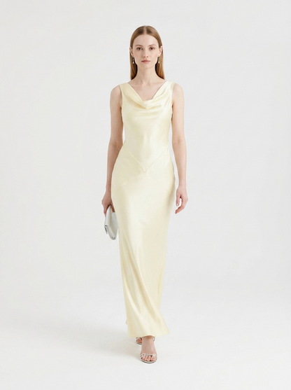 LadyLuxury | Sleeveless Satin Cowl Neck Maxi Dress - Elegant Floor-Length Evening Gown