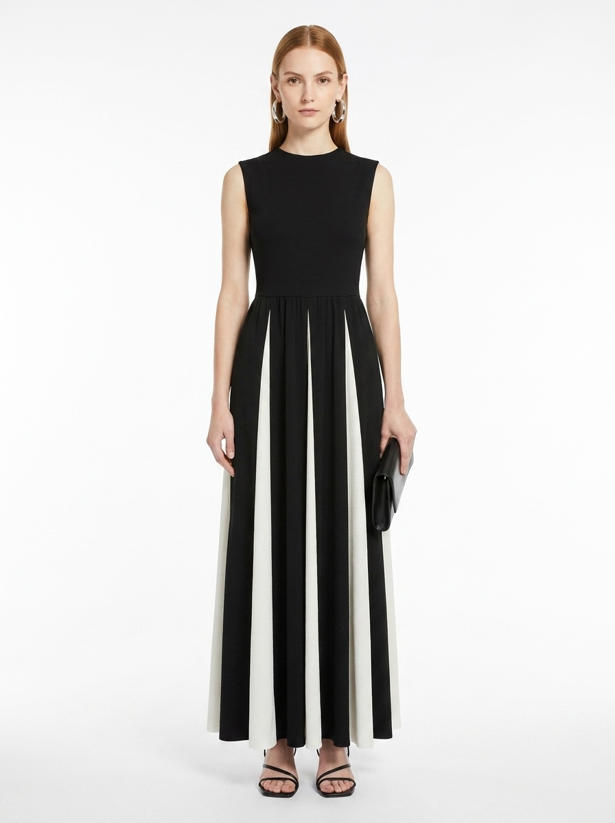 LadyLuxury | Architectural Monochrome Maxi Dress - Elegant Spliced Hem Evening Gown