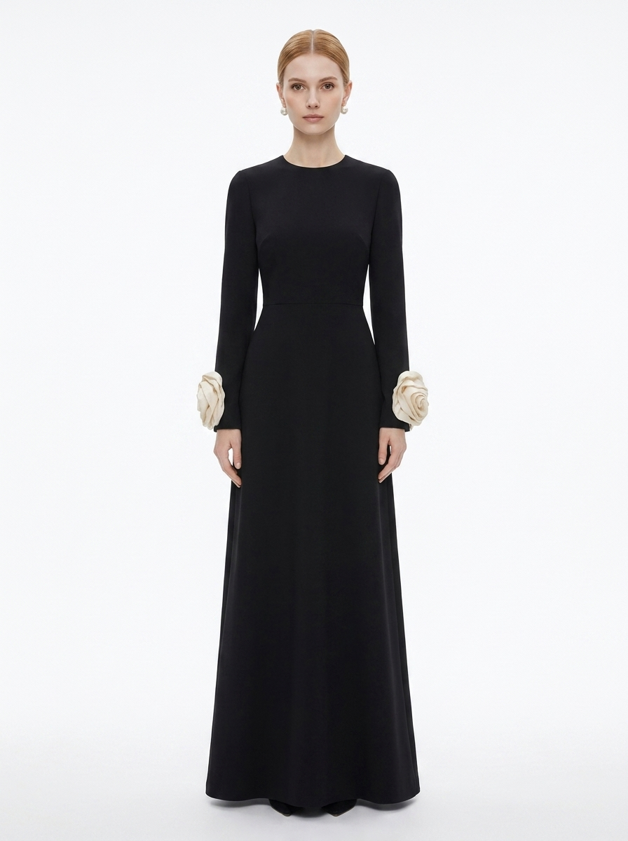 LadyLuxury | Petal Sleeve Rosette Maxi Dress - Surrealist Sophistication Evening Gown