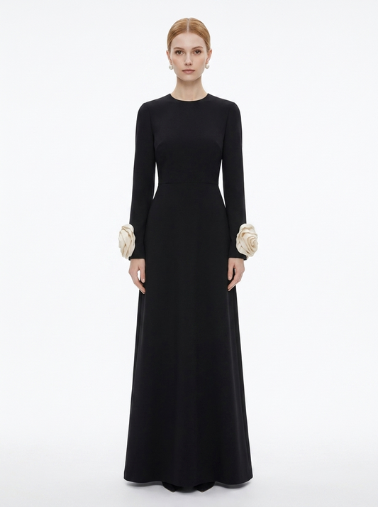 LadyLuxury | Petal Sleeve Rosette Maxi Dress - Surrealist Sophistication Evening Gown
