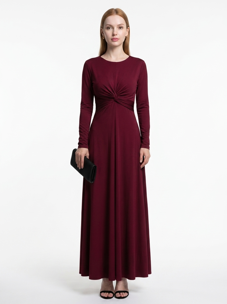 LadyLuxury | Elegant Wine Red A-Line Maxi Dress with Twisted Waist Detail