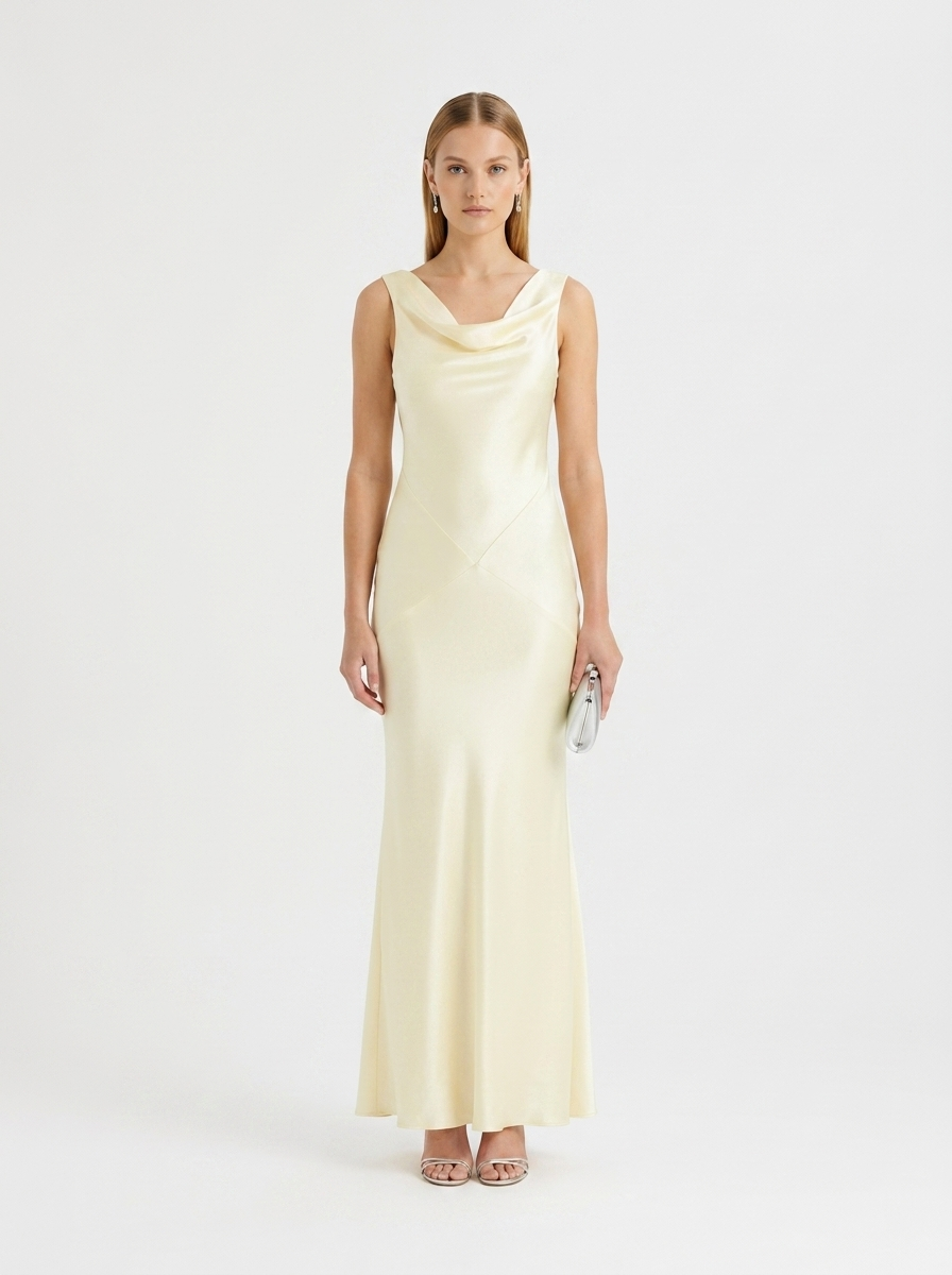 LadyLuxury | Sleeveless Satin Cowl Neck Maxi Dress - Elegant Floor-Length Evening Gown
