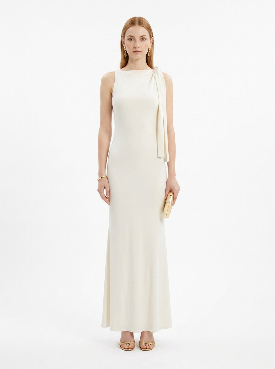LadyLuxury | Sleek Draped Column Maxi Dress - Minimalist High Neck Evening Gown