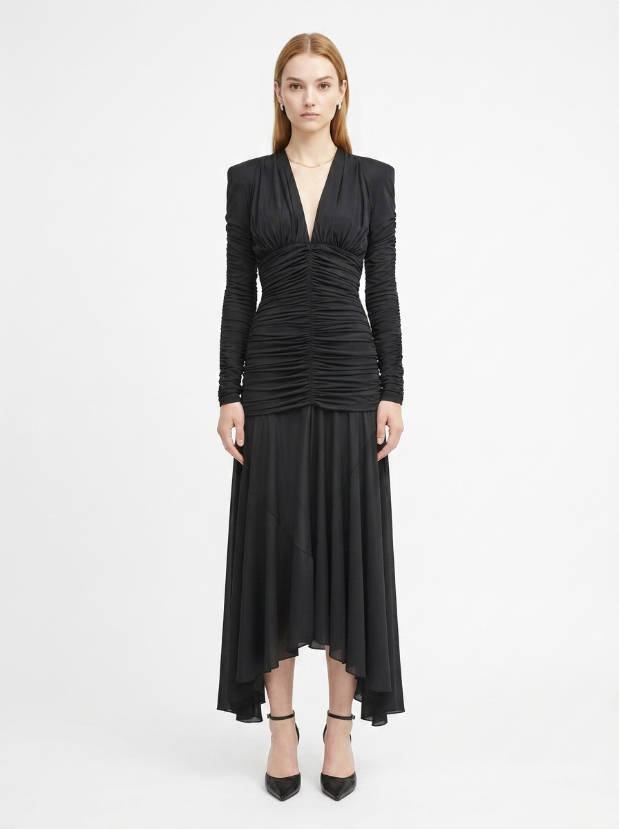 LadyLuxury | V-Neck Ruched Maxi Dress - Parisian Night Glamour Evening Gown