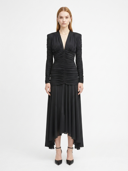 LadyLuxury | V-Neck Ruched Maxi Dress - Parisian Night Glamour Evening Gown